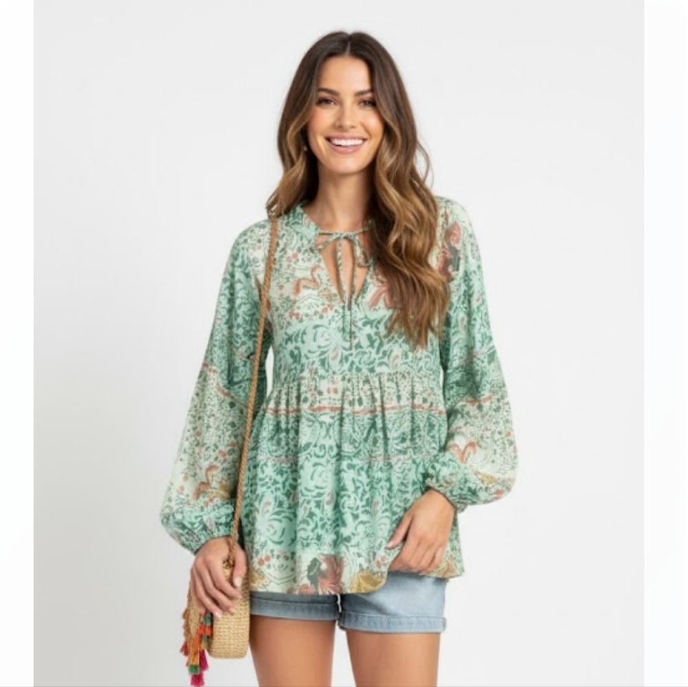 Misslook Blouse Boho Festival Green Floral Cottage Retro Hippie M